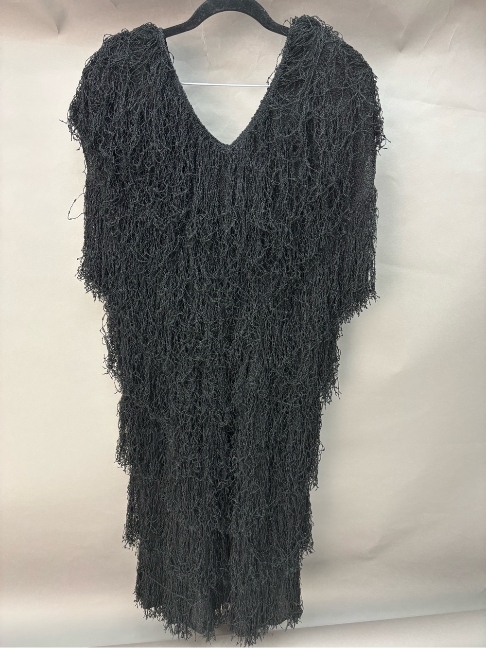 Fringed V-Neck Black Textured Dress